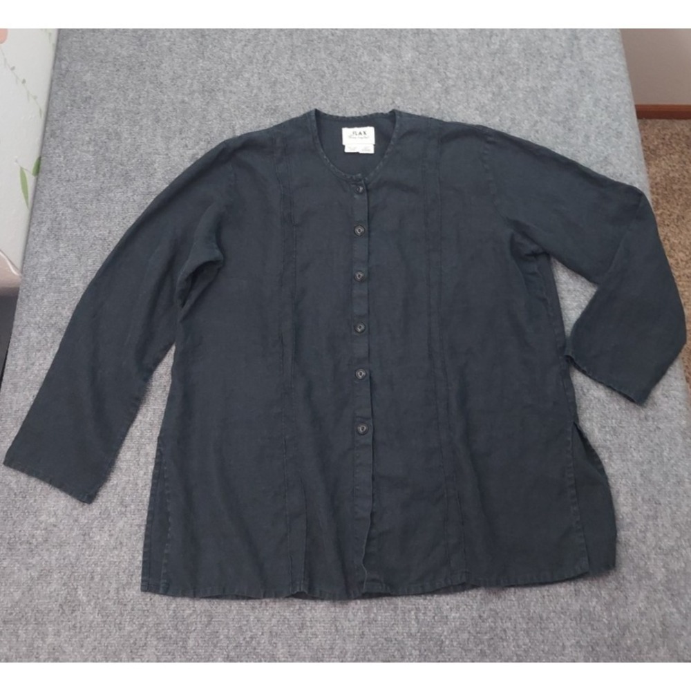 Flax Linen Shirt Womens Large Black Button Up Minimalist Lagenlook Relaxed